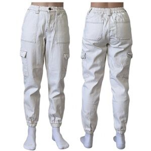 Pacsun elastic waist straight leg high rise off white denim cargo jeans